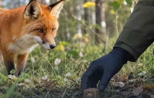 Руда лисиця спостерігає за рукою в рукавичці