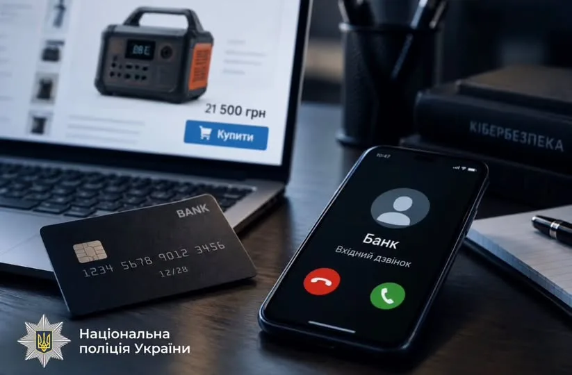 Телефон із дзвінком банку поруч із карткою та ноутбуком