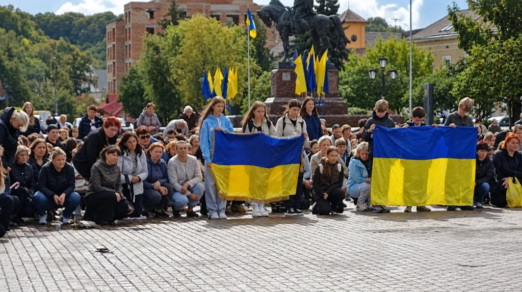 Люди схилилися перед пам’ятником із українськими прапорами