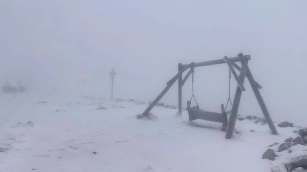 Самотня дерев’яна гойдалка в засніженому тумані