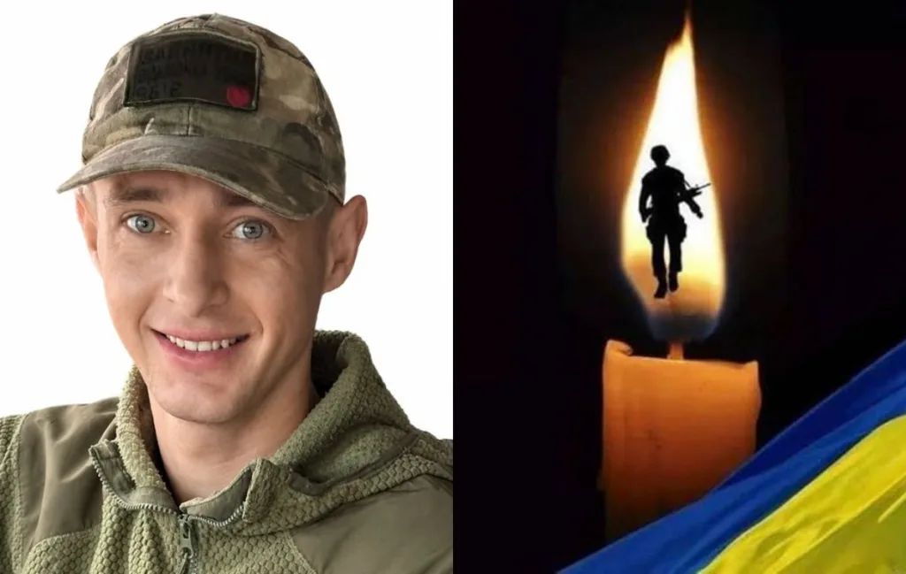 Портрет військового, свічка з силуетом солдата й прапор України