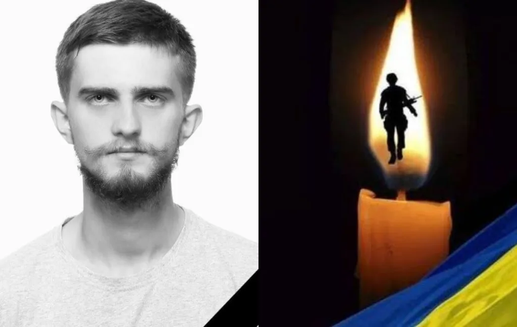 Портрет чоловіка, свічка з силуетом воїна та прапор України