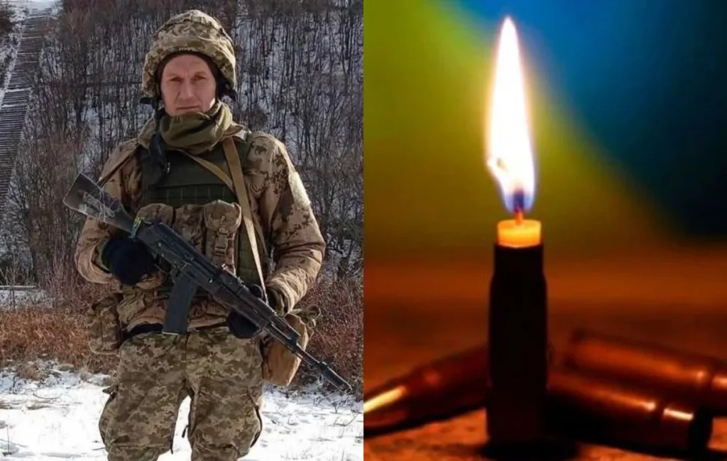 Військовий у зимовому лісі поруч із запаленою свічкою