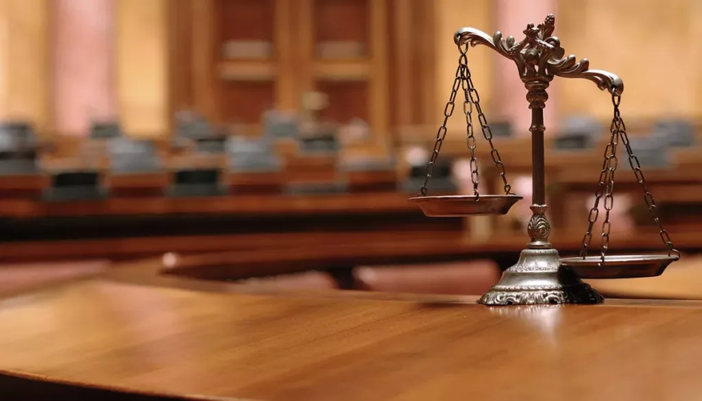 Терези правосуддя в залі суду