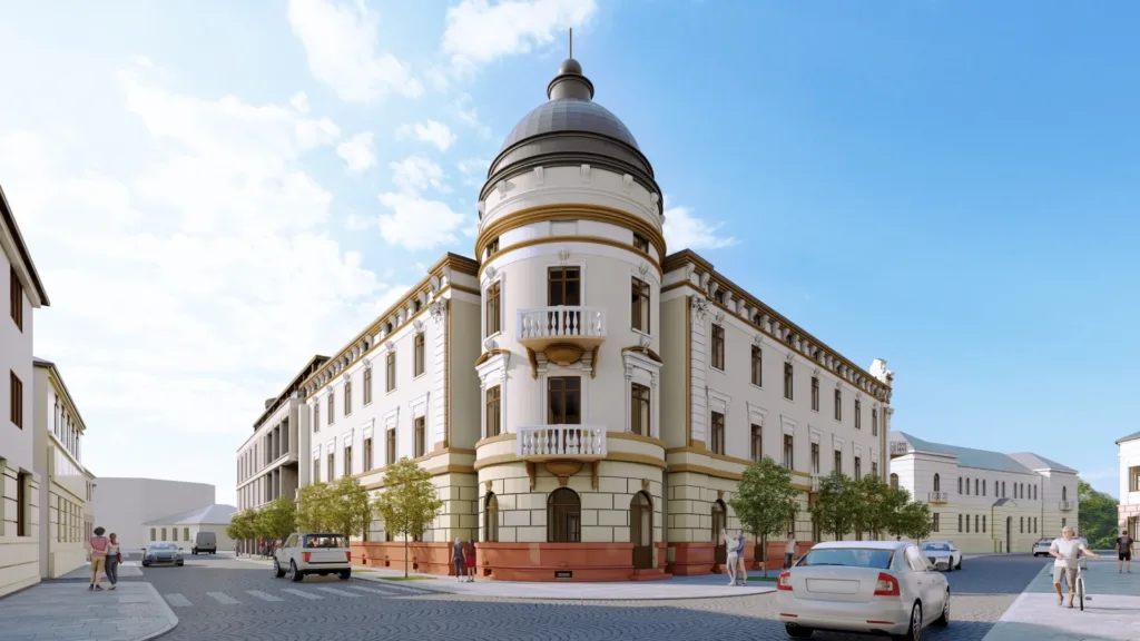 Історична будівля з куполом на міській вулиці
