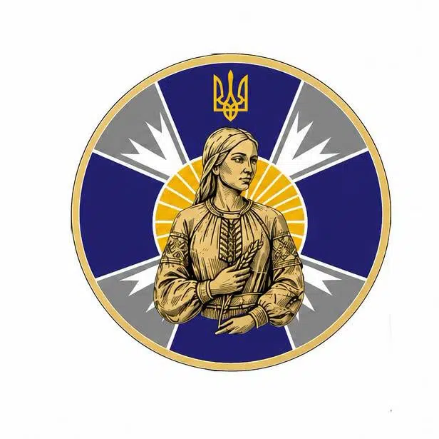 Емблема з українкою, тризубом і сонячними променями