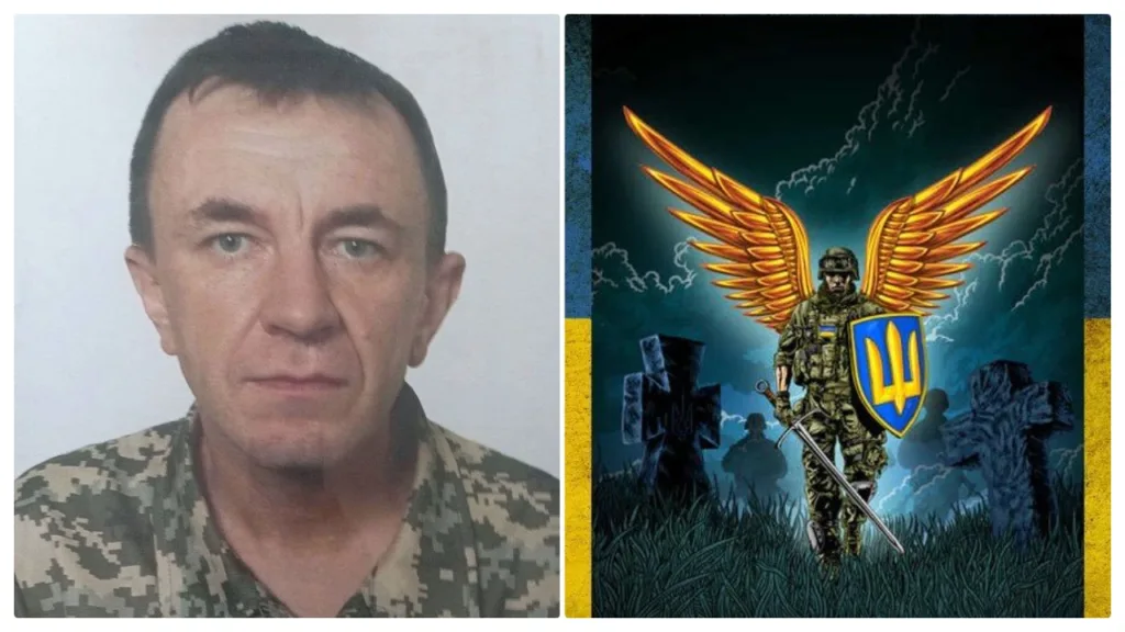Портрет військового поруч з ілюстрацією воїна-ангела
