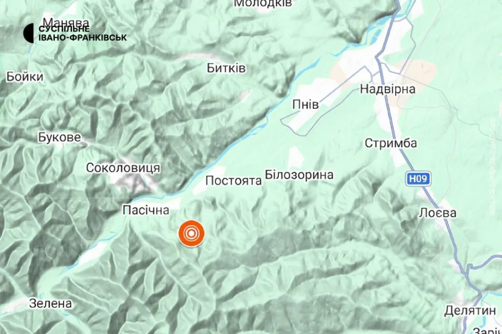 Карта Карпат поблизу Пасічної з позначеною локацією