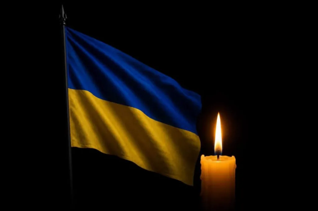Прапор України поруч із запаленою свічкою в темряві